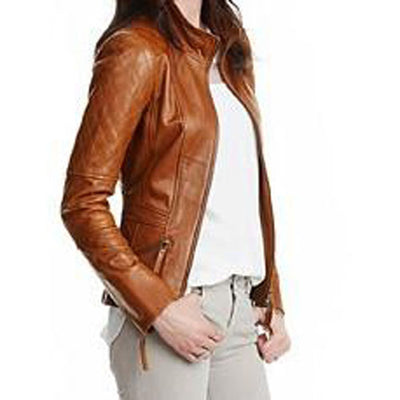 Women's stylish English Tan leather jacket with quilted patches