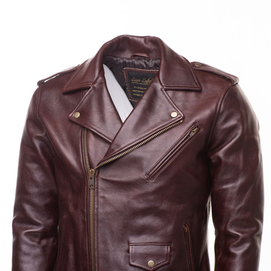 Elliot oxblood biker leather jacket with waist belt