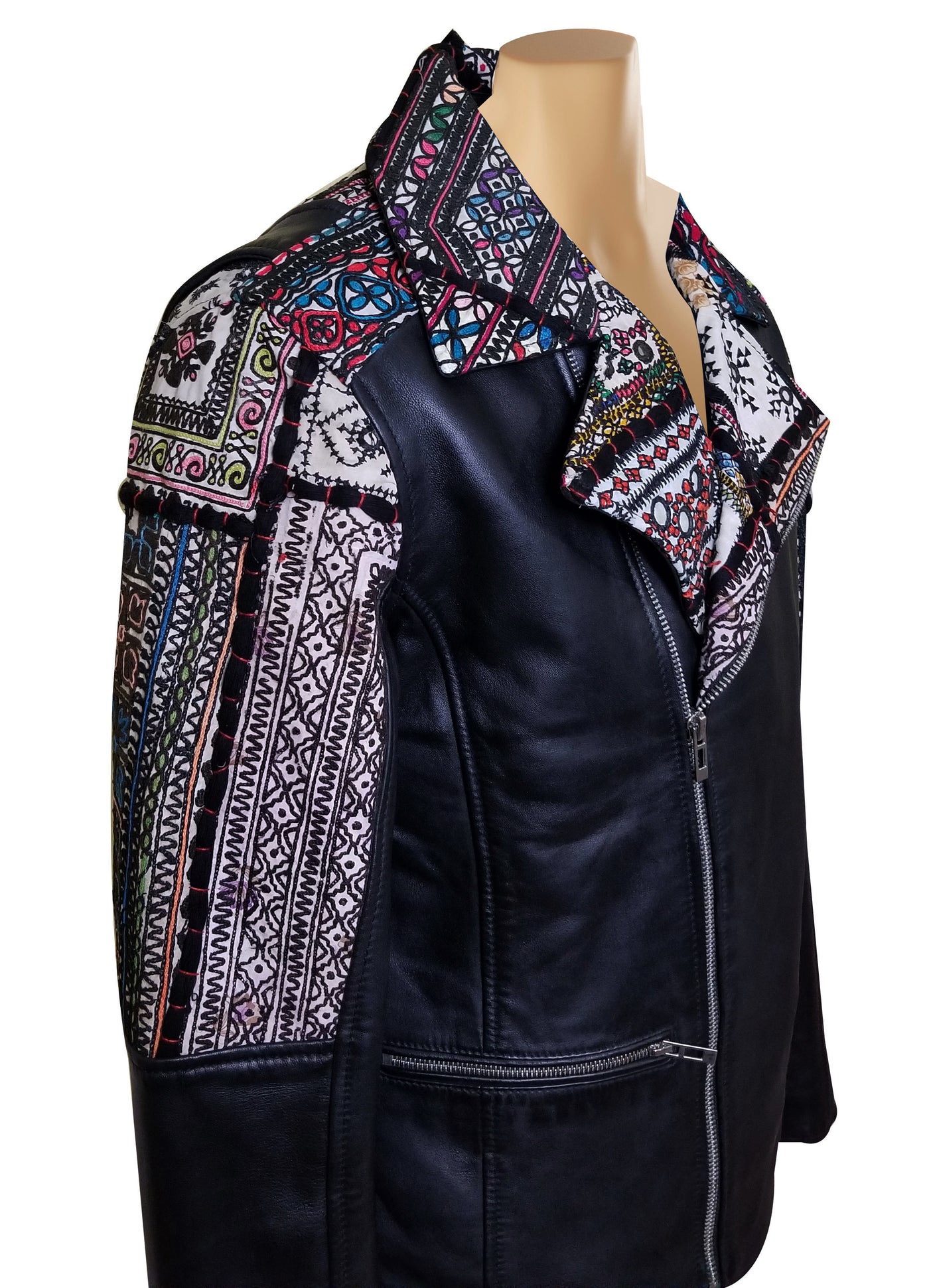 Soft Hand Embroidered Fabric Bohemian Leather Jacket