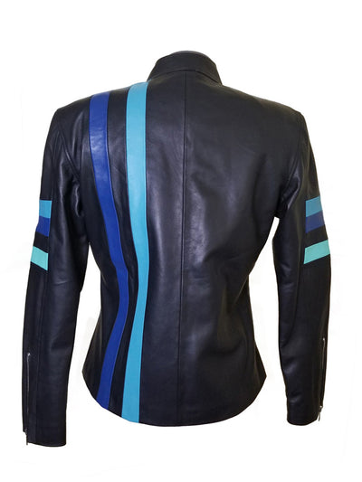 Style Stripes Kerri's blue moto leather jacket