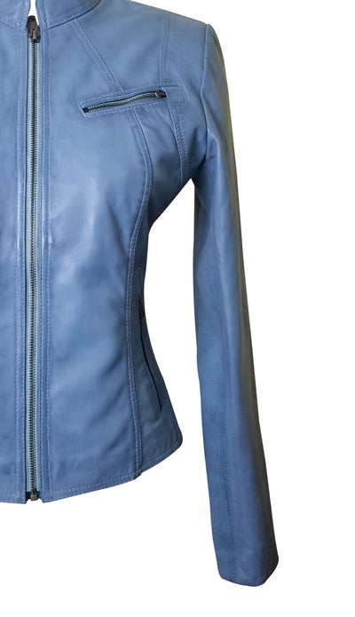 Women Soft Erna Sky blue leather stretch jacket