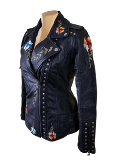 Flowery Embroidered Leather Jacket With Studs