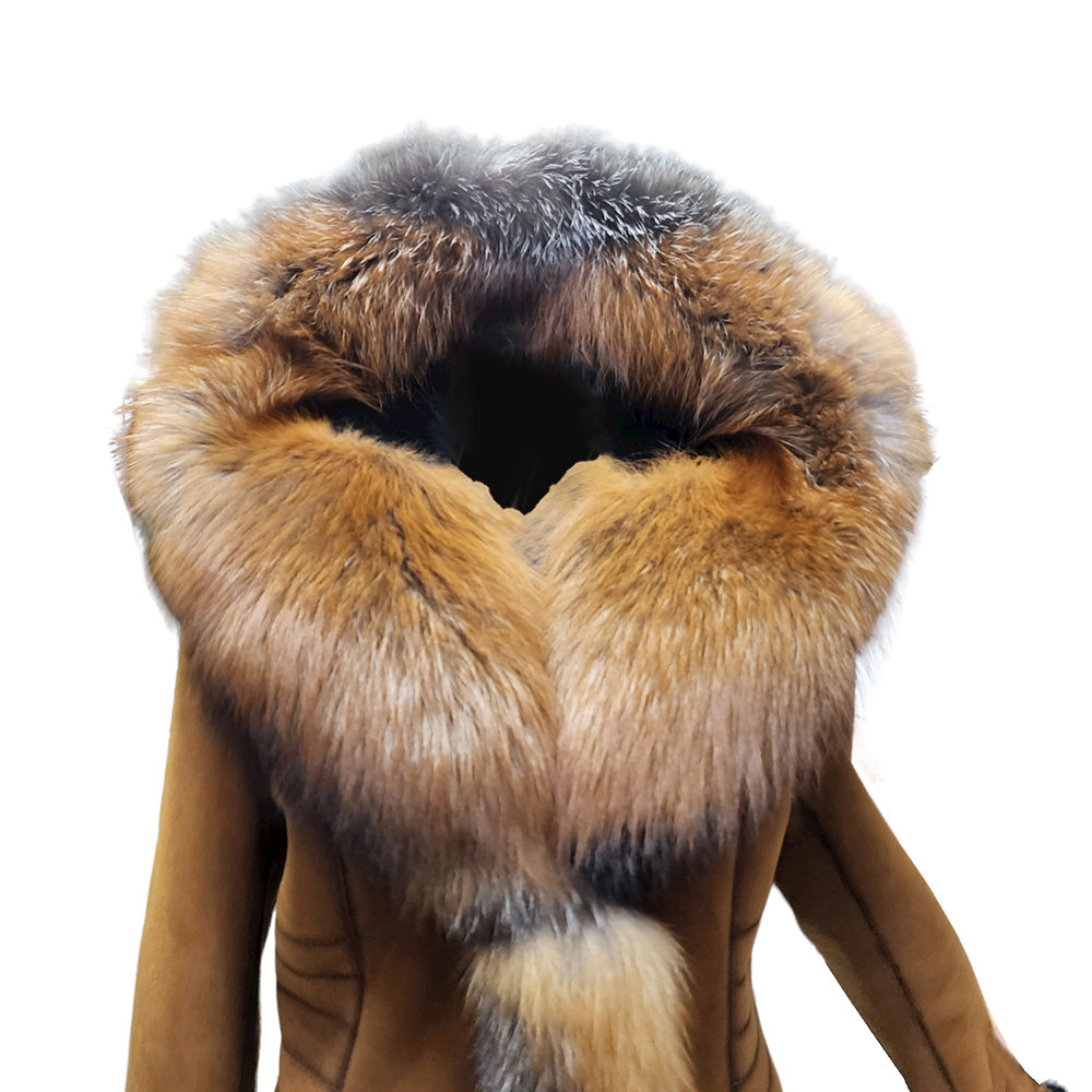 Chantal's Tan Shearling coat with large fox fur hoodie and trim