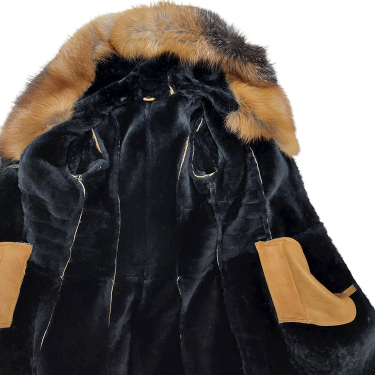 Chantal's Tan Shearling coat with large fox fur hoodie and trim