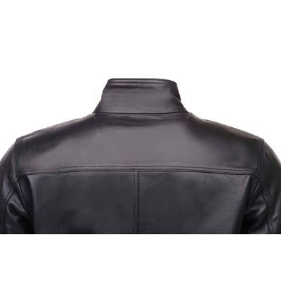 Black leather jacket with straight ribbed collar