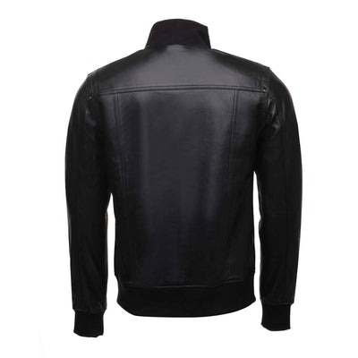 Black leather jacket with straight ribbed collar