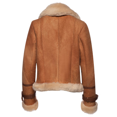 Kristy Vintage Cognac Womens Crop Shearling Bomber Jacket