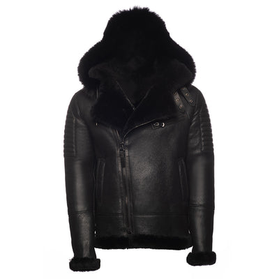 Lucas Black Aviator bomber shearling jacket with Hoodie