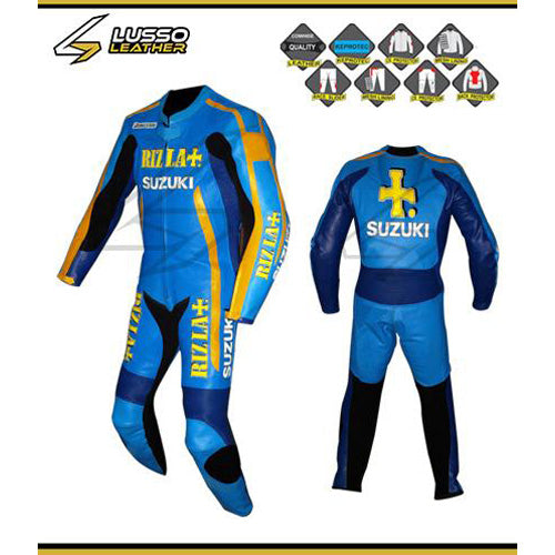 lightweight Blue and yellow Suzuki Rizla leather suit