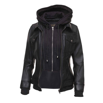 Daphne Black Leather Jacket With Fleece Hoodie