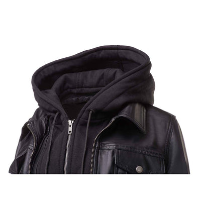 Daphne Black Leather Jacket With Fleece Hoodie