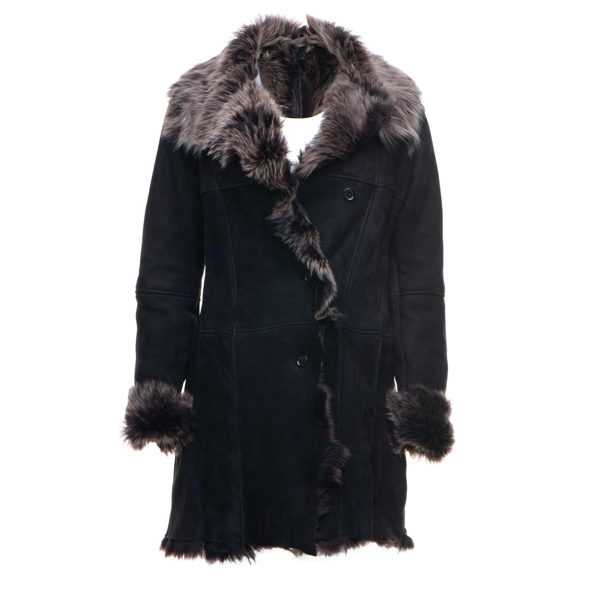 A black shearling sheepskin coat with a Toscana trim collar and buttoned closure. The coat features open cuffs and is displayed against a plain background.