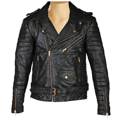 Quilted Leather Biker Jacket with Waist Belt