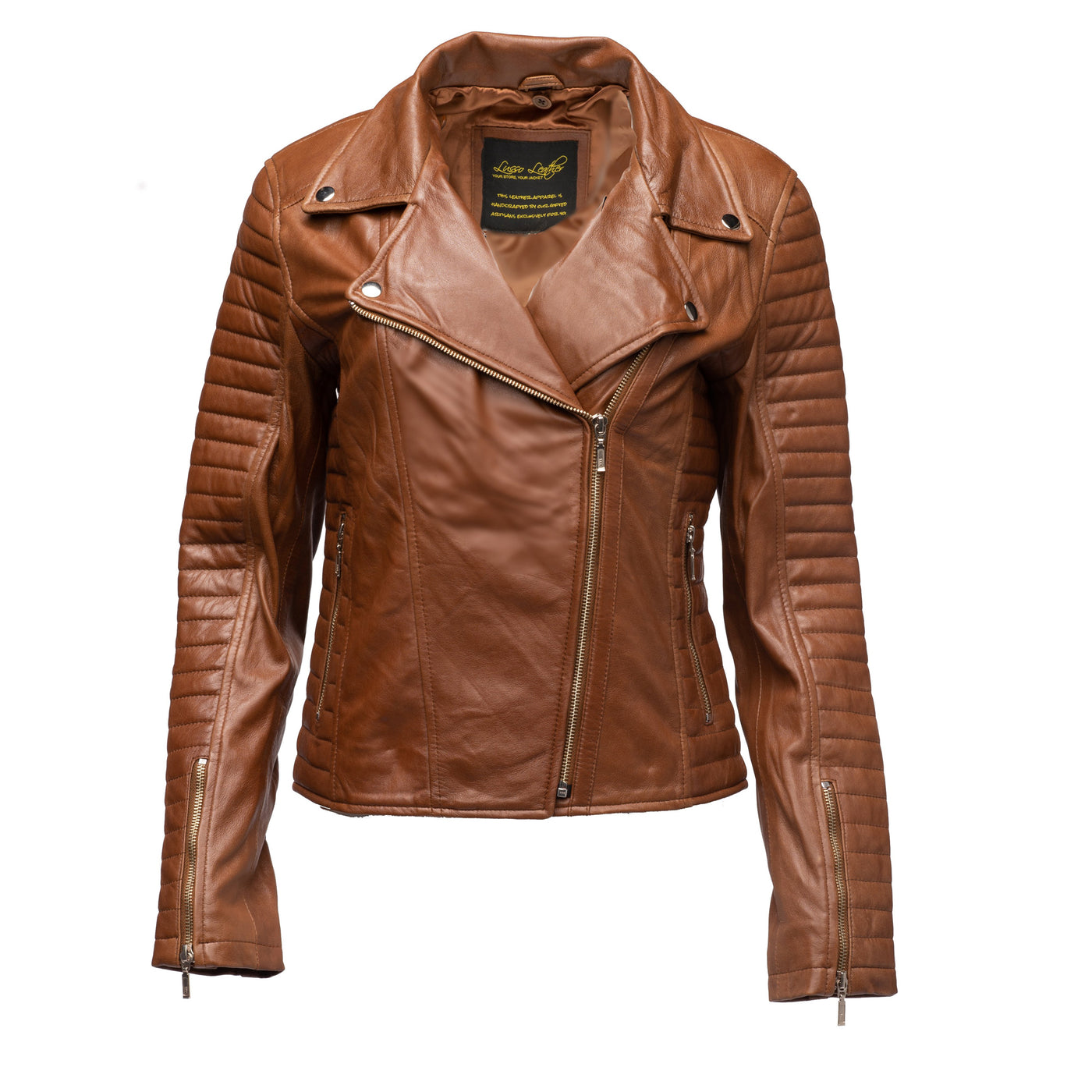 Stylish Leather jacket with long ribbed sleeves for women.