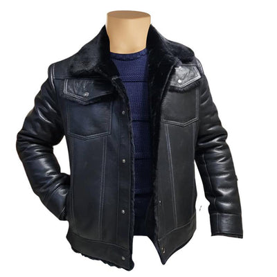 Comfortable Black Trucker Style Shearling Jacket