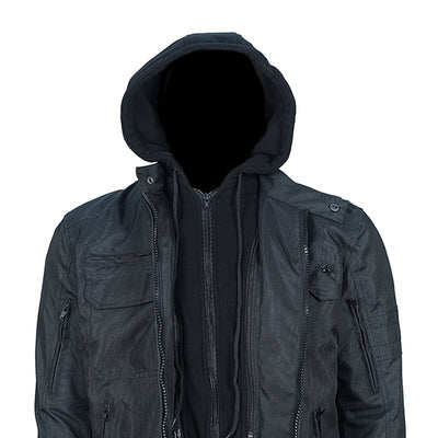 "Black Utility" Air Ventilation and Hooded Breathable and Waterproof Textile Motorcycle Jacket with armor protectors