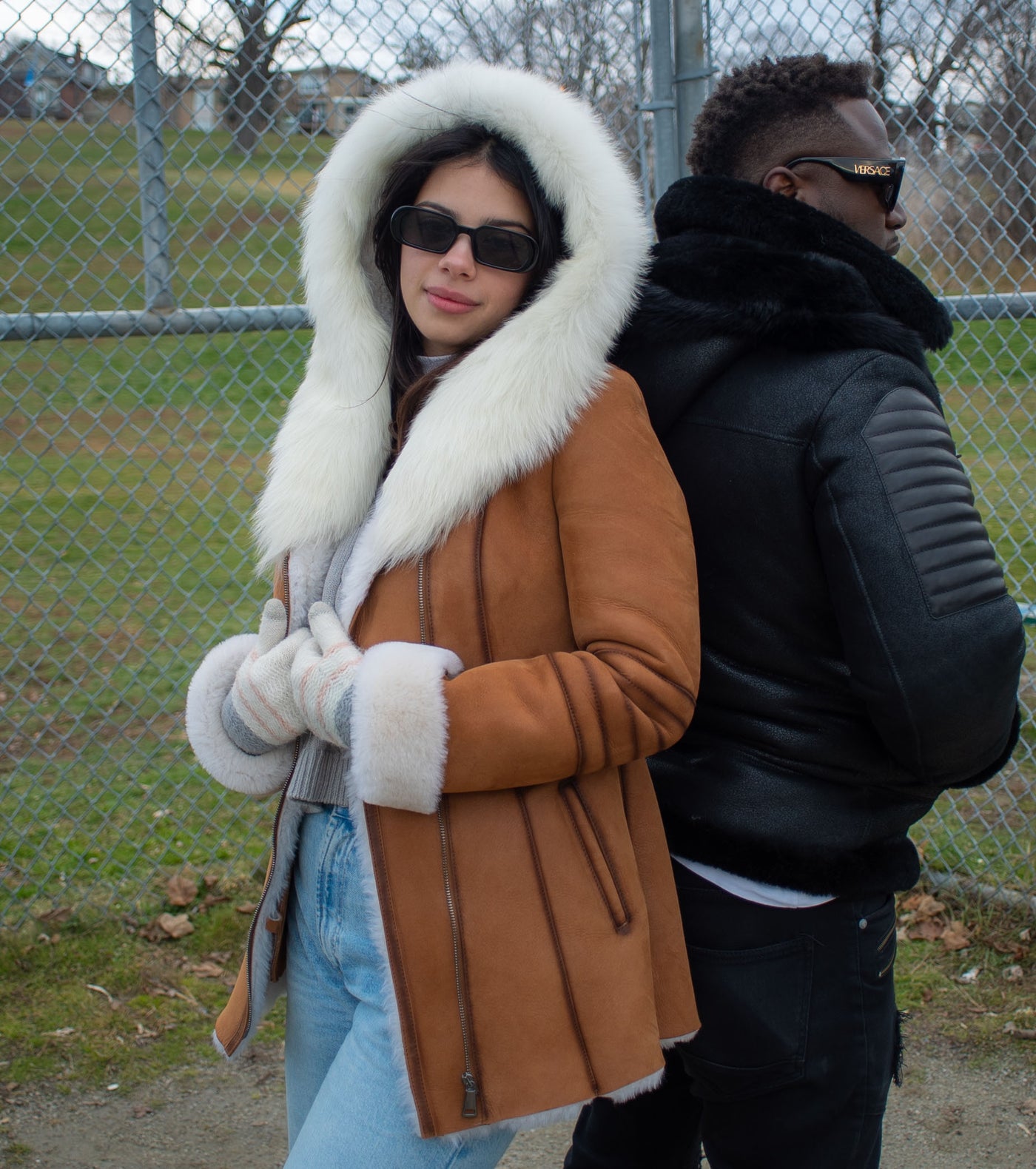 Ayva's Tan Shearling coat with fox fur trim Hoodie