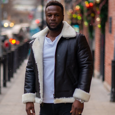 Hampton's Classic Brown B-3 Bomber Aviator Shearling Jacket with collar belt