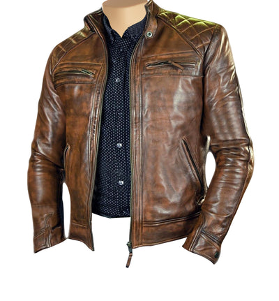 Brown biker leather jacket with a distressed finish in roan