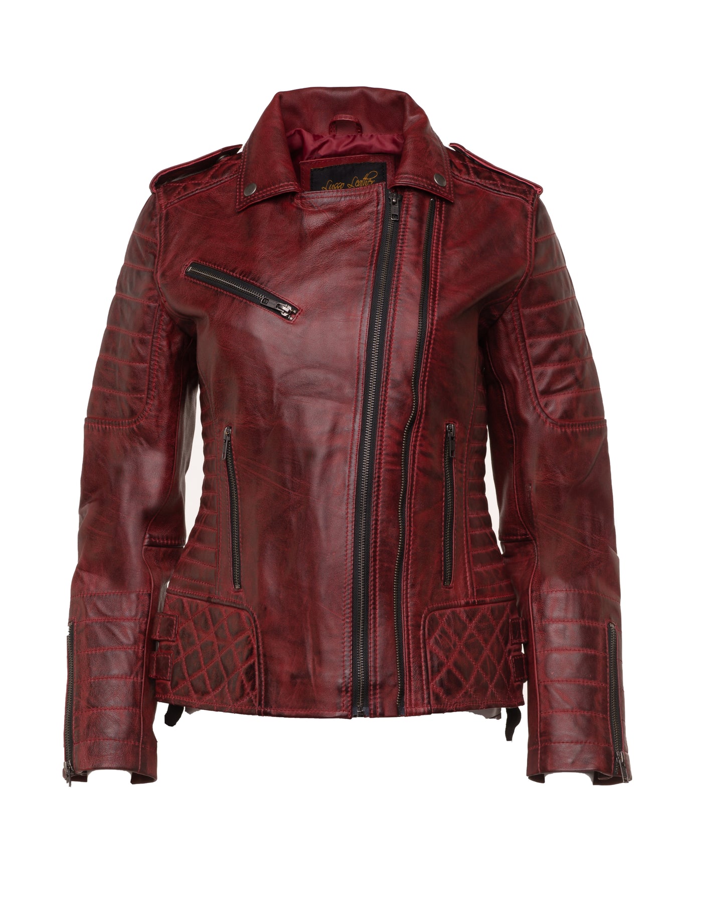 Marissa's vintage red diamond quilted leather jacket