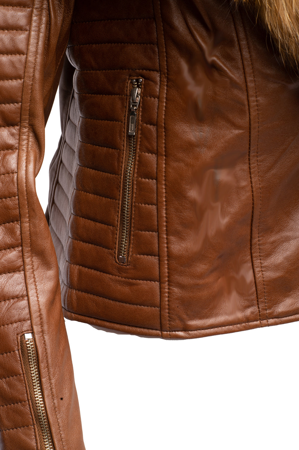 Stylish Leather jacket with long ribbed sleeves for women.