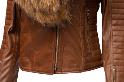 Stylish Leather jacket with long ribbed sleeves for women.