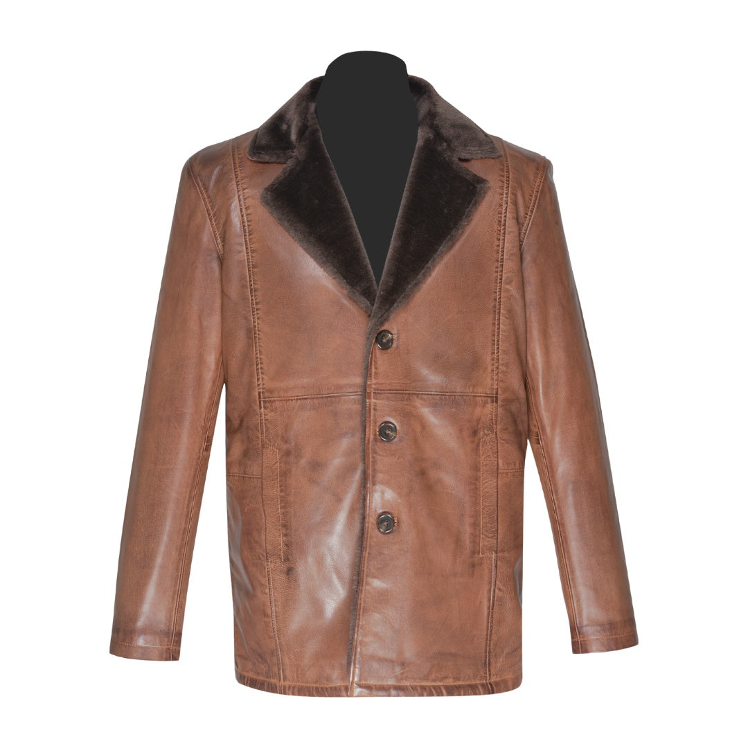 Rust leather car coat with faux fur