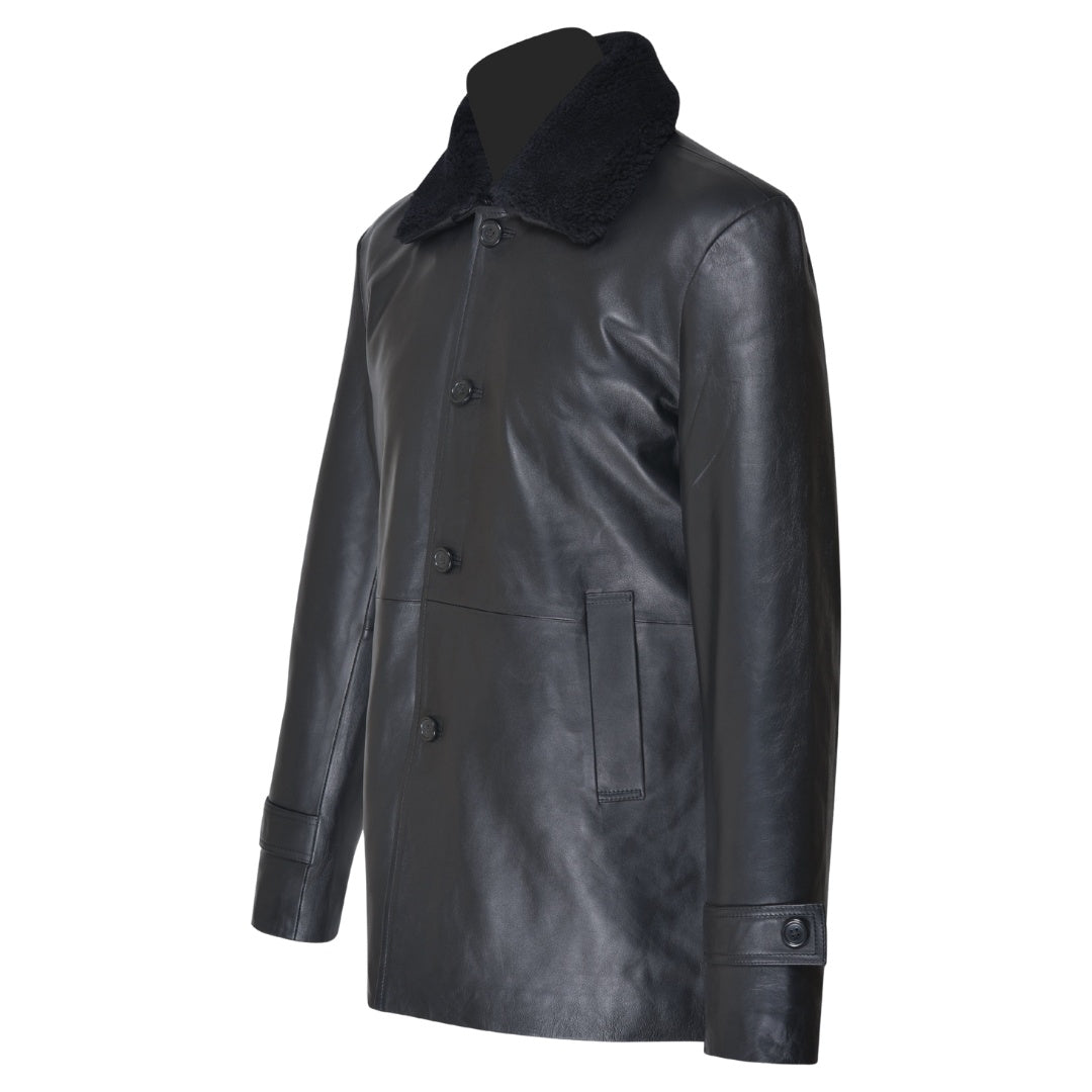 Eric's black leather car coat with fur collar