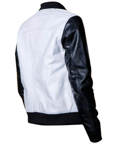 Women Enyas black and white collarless leather jacket