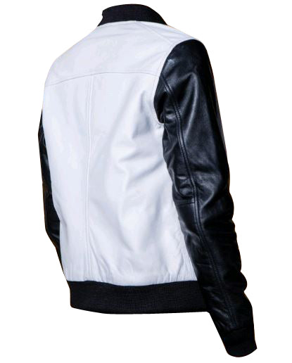 Women Enyas black and white collarless leather jacket 