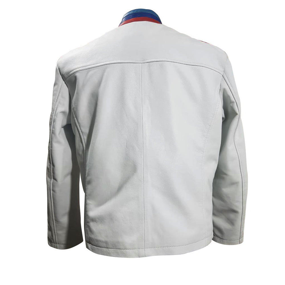 Back view showing the clean white leather panels with subtle BMW Motorrad branding and a structured spinal protector area for a modern, athletic profile.