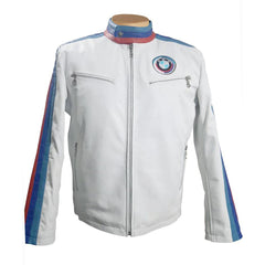 Front view of the BMW white leather motorcycle jacket, featuring a brilliant optic-white finish, the iconic BMW roundel on the chest, and a sleek, tailored fit.