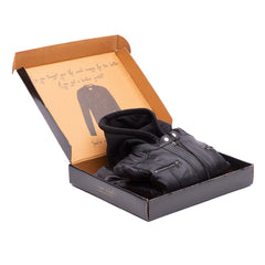Lusso Leather gift card presented in premium gift packaging with a black leather jacket, ideal for gifting leather fashion and accessories.
